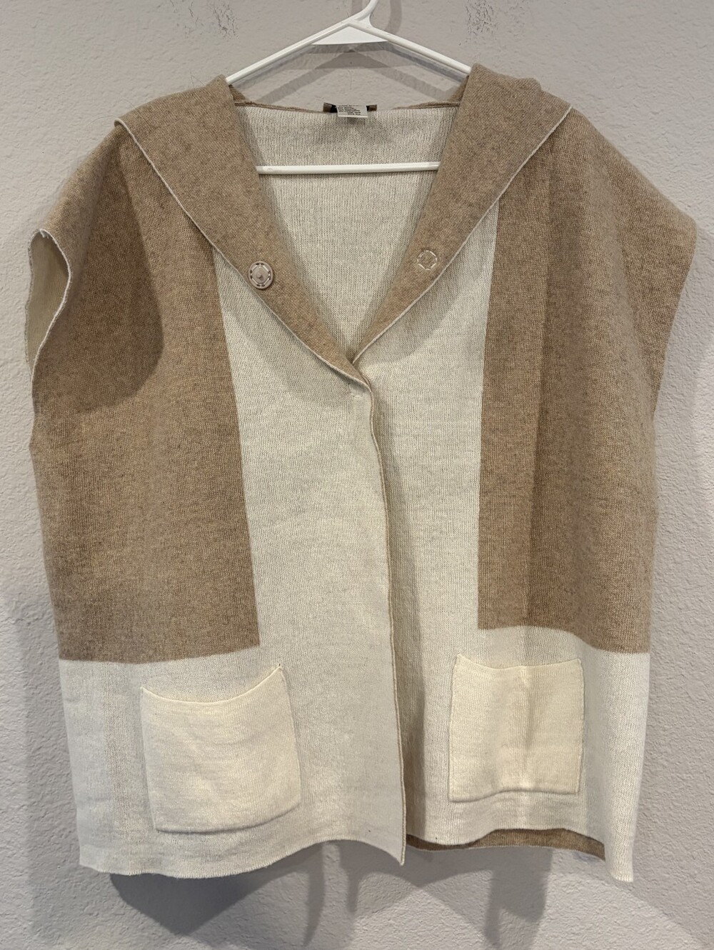 Note Di Anita Womens Tan Cream Color Block Cashmere Wool Hooded Poncho Cardigan